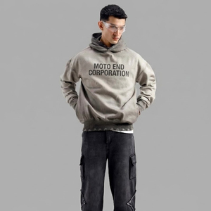 Sweat-shirt à capuche surdimensionné pour homme Moto End Corporation, en coton, style streetwear, gris, imprimé sur le devant, coupe classique, pour l'automne - Product Image 2