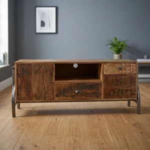Industrial Wooden TV Stand Media <b>Console</b> with Storage Drawers Cabinet Metal <b>Legs</b> for Living Room - Product Image 6