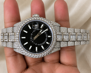 Reloj de Lujo Raj Gems con Diamantes, Resistente al Agua, Correa de Acero Inoxidable, Esfera Negra, Visualización de Fecha, Cuarzo Analógico, Unisex, Caja de 41 mm - Product Image 3