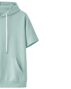 Sweat à capuche vert menthe à manches courtes pour homme, pull décontracté, t-shirt à capuche léger, streetwear, mode estivale, mélange de coton - Product Image 3