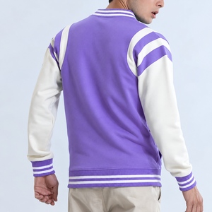 Men's <b>Purple</b> Woolen Windproof <b>Varsity</b> <b>Jacket</b> Color Blocking Casual Fleece Regular Fit Stand Collar Winter Streetwear - Product Image 3