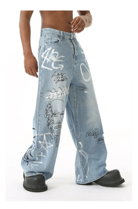 Wide Leg Denim <b>Jeans</b> High Waist Loose Fit Hand Painted Graffiti <b>Ripped</b> Distressed Streetwear Spring Cotton Woven Midweight - Product Image 5