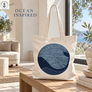 Bolsa de Lona Color Marfil Inspirada en el Océano con Estampado de Ballena Azul Marino |   Bolsa de Compras Diaria con Asas Largas para Uso Cotidiano - Product Image 2