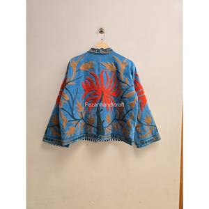 Wholesale Hand-Stitched <b>Quilted</b> <b>Jacket</b> Stand Collar Velvet Suzani Embroidery Floral <b>Pattern</b> Two Side Pockets Quick Dry - Product Image 4