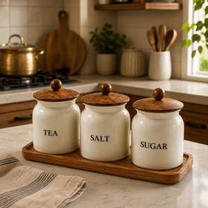 Ensemble de pots de cuisine blancs avec couvercle en bois, bocaux de rangement imprimés de lettres pour sucre, sel, thé, comptoir - Product Image 1