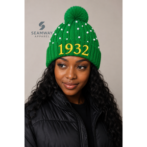 Gorro de punto acrílico para mujer Chi Eta Phi, bordado con perlas, con pompón y puño acanalado, gorro casual de invierno - Product Image 5