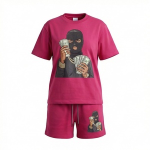 Ensemble streetwear 2 pièces pour femme, t-shirt à manches courtes et short au-dessus du genou avec imprimé motif, col rond, coupe ample, toutes saisons - Product Image 1