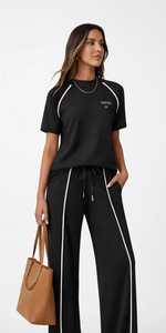 <b>Women's</b> Black Short Sleeve <b>Tracksuit</b> Set With <b>White</b> Striped Crew Neck Top And Drawstring Wide Leg Pants - Product Image 4