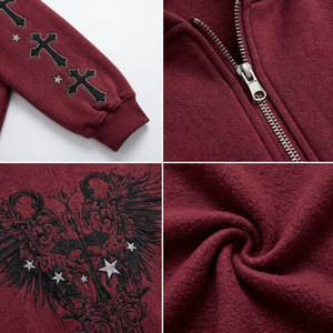 Sudadera con capucha gótica para mujer con cremallera, capucha de piel sintética, estampado de cruz, manga larga, chaqueta de invierno, ajuste regular, de algodón tejido - Product Image 6