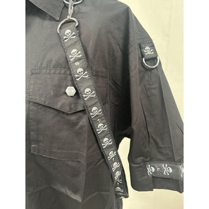 Vintage Gothic <b>Men's</b> Short Sleeve Shirt Black Cotton-Mix Fitted with Removable Skull Trim Straps and Bolt Buttons - Product Image 5