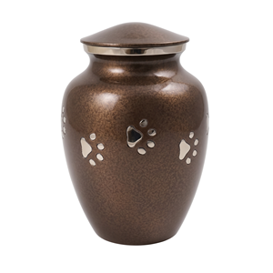 Handcrafted Bronze Brown Pet Cremation <b>Urn</b> for <b>Dogs</b> & Cats Ashes – Metal Memorial <b>Urn</b> with Silver Engraved Paw Prints - Product Image 1