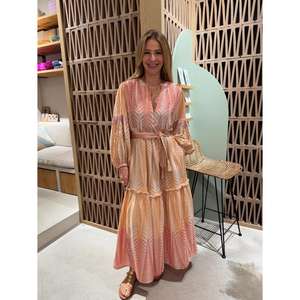 เดรสยาวสไตล์โบฮีเมียนสำหรับผู้หญิง ขายส่ง ลายพิมพ์ คอวี แขนพอง ผ้าถัก ทรงหลวม ใส่สบาย ผ้าฝ้าย ฤดูร้อน เป็นมิตรกับสิ่งแวดล้อม - Product Image 1