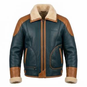 Blouson Aviateur B3 en Cuir Véritable de Mouton pour Homme, Couleur Teal Cognac Marron Contrastant, Col en Laine Crème - Product Image 1