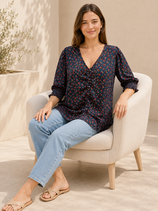 Navy Blue Floral Print Top V Neck Puff Half Sleeve Ruched Front Ladies Tunic Shirt Casual Daily Wear Clothes Wholesale Exporter - Product Image 6