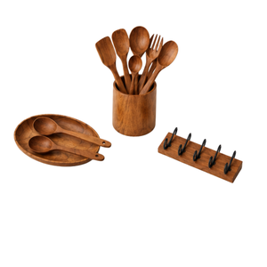 Juego de utensilios de cocina de madera de teca premium ARTERRA, espátula y cuchara de mango largo con soporte de almacenamiento, vajilla para hoteles y restaurantes - Product Image 2