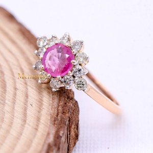 Wholesale 14K Solid Yellow Gold Natural Round Ruby Diamond Halo Floral Cluster Ring Fine Jewelry Memoria Jewels - Product Image 2