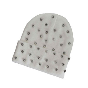 VIENNA INDUSTRY Unisex Rhinestone <b>Beanie</b> <b>Hat</b> White <b>Wool</b> Blend Knit Street Style Elegant Dot Pattern Winter Warm Casual Adult - Product Image 1
