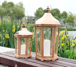 Farol Decorativo de Madera con Tapa de Metal Dorado, Farol de Vidrio Rústico Estilo Granja para Decoración del Hogar y Bodas - Product Image 5