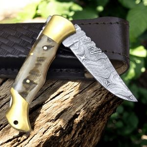Cuchillos Plegables Elegantes para Exteriores con Mango de Madera Azul, Hoja Afilada con Punta de Clip y Funda de Cuero para Caza y Camping - Product Image 2