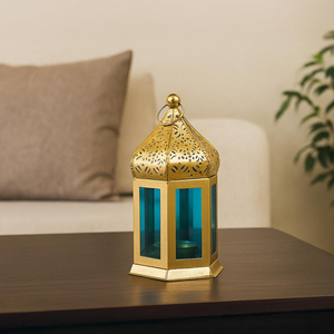 Lanterne cylindrique en métal fantaisie avec découpe géométrique en forme de croissant de lune, porte-bougie pour la décoration de la maison lors du Ramadan et de l'Aïd - Product Image 2