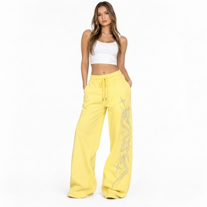 Pantalón de chándal de pierna ancha para mujer con estampado de pedrería, 100% algodón polar, pantalón de pijama oversize para mujer con bolsillo lateral, pantalón de chándal holgado - Product Image 3