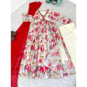 DESIGNER CHINON DIGITAL PRINT MIROIR TRAVAIL À LA MAIN ALIA CUT ROBE BAS AVEC DUPATTA BLANC - Product Image 2