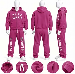 Conjunto de chándal de forro polar grueso morado ciruela para hombre, con logotipo personalizado, sudadera con capucha de cremallera completa y pantalones de chándal, venta al por mayor - Product Image 5