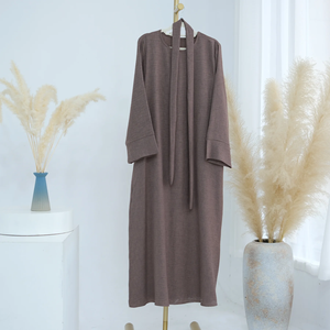 Vestido Abaya Elegante de Lino Transpirable de Talla Grande para Mujer con Cinturón, Cuello Redondo, Manga Larga, Estilo Islámico - Product Image 4