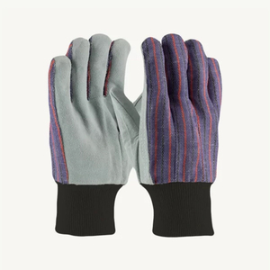 Guantes de trabajo Coolie con puño de punto, palma de cuero partido, dorso de lona, palma reforzada y diseño de pulgar recto, negros - Product Image 5