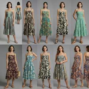 Women's Bohemian Floral Printed Woven Silk Shell Cotton Blend A-Line Short Mid-Calf Dress Ruffles <b>Elastic</b> Waist Summer Casual - Product Image 4