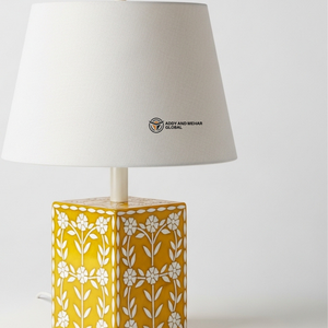 Yellow Bone Inlay <b>Bedside</b> Lamp | Elegant Round Base <b>Table</b> Lamp with Neutral Shade - Product Image 3