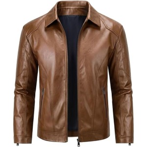 Chaqueta de Motociclista de Cuero Marrón para Hombre, Cierre Frontal con Cremallera, Corte Ajustado, Color Sólido, para Otoño - Product Image 1