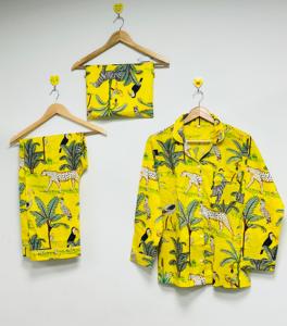 Womens Summer 3 Piece Yellow Safari Eco-Friendly Luxury Pajama Set Cotton Animal Print Sleepwear Shirt <b>Trousers</b> Matching - Product Image 2