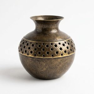 Jarrón de Mesa de Latón Hecho a Mano de 9 cm con Banda Perforada de Latón Antiguo Sitara, Pequeña Decoración para el Hogar con Temática de Hotel y Boda - Product Image 1