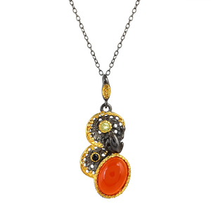 Vintage <b>Solid</b> 925 Sterling Silver Coral <b>Pendant</b> With Peridot And Black Stone 22K <b>Gold</b> Plated Everyday Wear Fine <b>Pendant</b> & Charms - Product Image 1