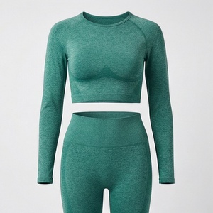 <b>Women</b> <b>Green</b> Seamless Long Sleeve Crop Top High Waist <b>Leggings</b> Yoga 2 Piece Set - Product Image 1