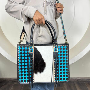 Wholesale Custom Hand <b>Tooled</b> Cowhide Leather <b>Tote</b> <b>Bag</b> Black Blue Checkered Pattern Handbag with Fringe Shoulder Strap for Women - Product Image 4