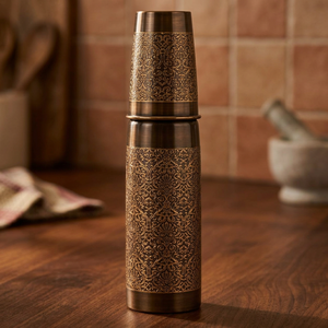 Botella de Agua de Cobre con Patrón Arabesco Vintage y Vaso a Juego, Reutilizable, para Bebidas, Cocina, Oficina, Viajes, Hidratación - Product Image 1