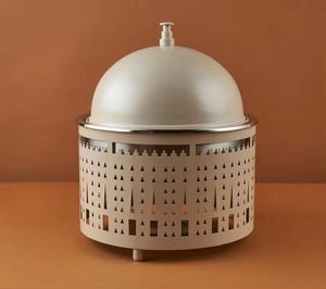 Luxury Cream Round Chafing Dish <b>Buffet</b> Food <b>Warmer</b> with Castle Cutout Base & Domed Lid for Wedding Restaurant Catering Events - Product Image 1
