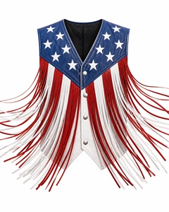 Chaleco de cuero para mujer con estampado de bandera americana y borlas, cuello en V, estilo motociclista, ropa exterior - Product Image 3