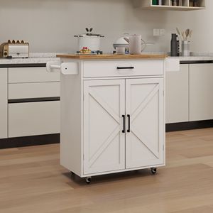 Carrello da Cucina Regolabile Bianco con Ruote, Porta Spezie, Portasciugamani e Piano in Legno di Gomma per Organizzazione - Product Image 1