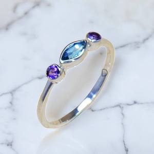 925 Sterling Silver Marquise Cut Blue Topaz & Round Cut Amethyst <b>Ring</b> Three Faceted Birthstone <b>Dainty</b> Minimalist <b>Ring</b> Wholesale - Product Image 1