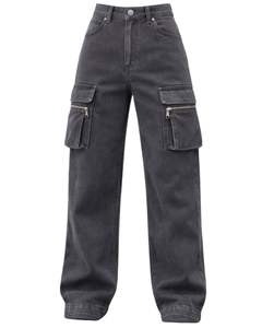 Vaqueros Cargo Grises Personalizados de Cintura Alta y Pierna Ancha con Bolsillos con Cremallera, Estilo Urbano, Pantalones Casuales Holgados para Mujer, OEM Personalizado - Product Image 1