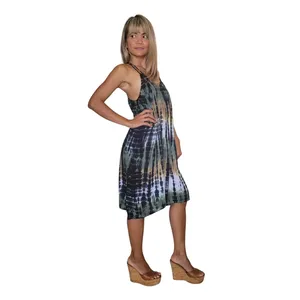 Stylish Bohemian Gray Brown Tie Dye Rayon Dress Women Sleeveless V-Neck Loose Fit Casual Vacation Outfit - Product Image 3