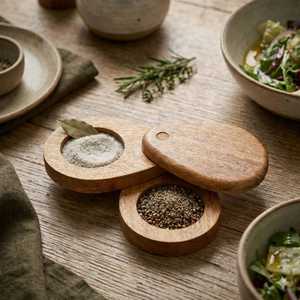 Wooden Handcrafted Spice <b>Box</b> <b>Masala</b> Dabba Tableware Salt Rimmer 2 Round Compartments & Spoon Acacia Wood Spice <b>Box</b> Set - Product Image 1