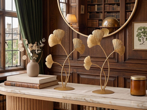 Ensemble de 2 sculptures de feuilles de Ginkgo en métal doré, figurines botaniques décoratives, accents de décoration d'intérieur modernes et luxueux pour le salon - Product Image 4