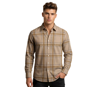 Camisa Casual a Cuadros para Hombre, Color Beige Camel, Manga Larga, con Botones, Tela Suave de Poliéster/Algodón Cepillado, Ecológica y de Secado Rápido - Product Image 1
