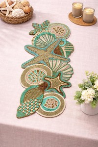 Handmade Fabric Table Runner Bohemian Beaded Sea Life Design Irregular Shape Decorative <b>Mat</b> - Product Image 1
