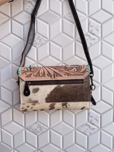 Hand Tooled Carving Leather Clutch Phone Case Stylish Cowhide <b>Fur</b> Unique Design Leather Turquoise Color Wallets for Women - Product Image 4