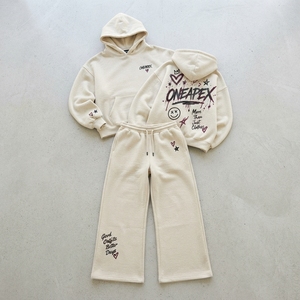 Conjunto Deportivo Crema para Mujer, Sudadera Holgada, Pantalones Anchos, Estampado Gráfico, Ropa Casual Urbana - Product Image 1